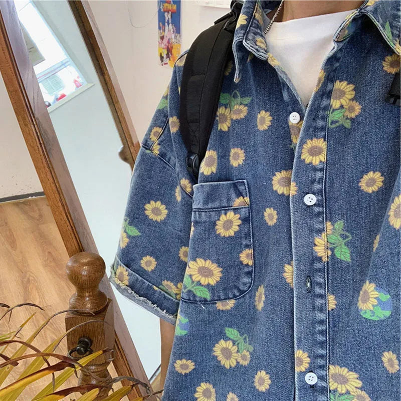 HEARUJOY  -  Summer Men Vintage Denim Shirts Short Sleeve Floral Printed Blouse Casual Loose Male Jean Coats Single-breasted Pocket Tops
