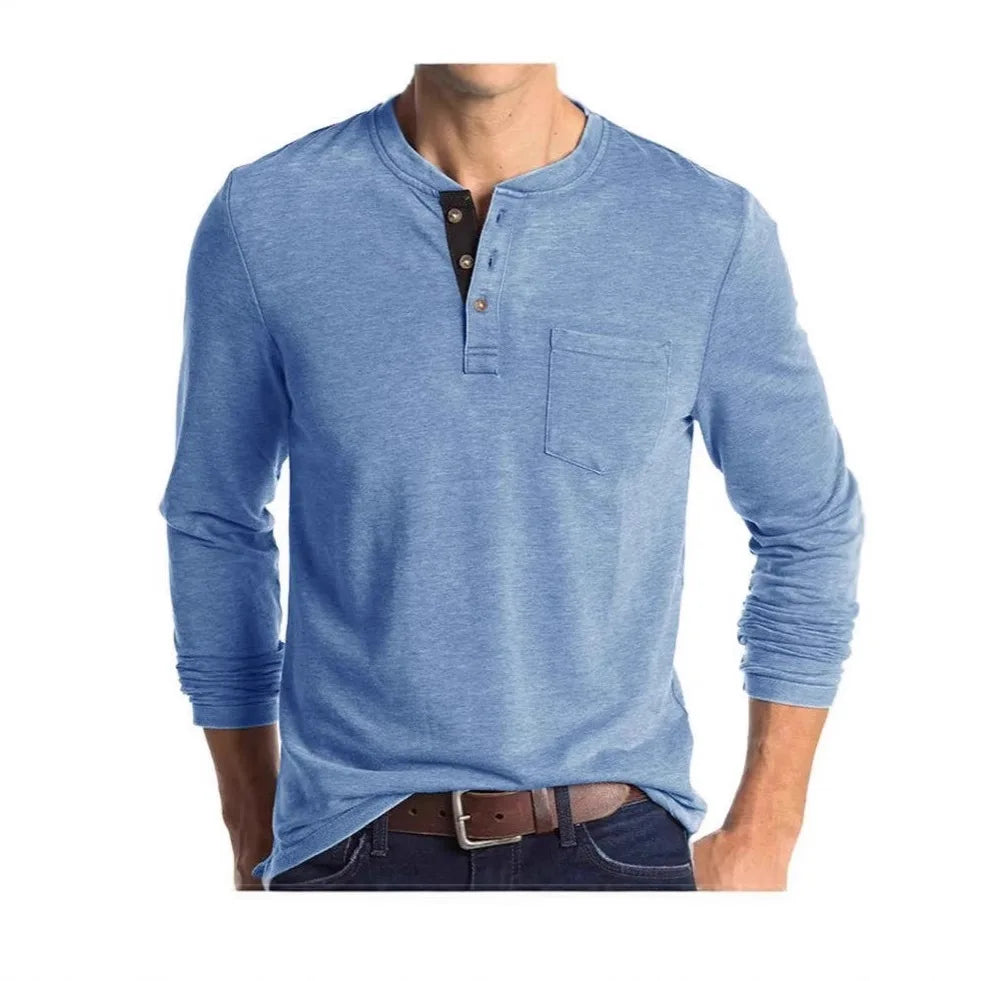 HEARUJOY  -  Spring New Fashion T Shirt Men Basic O Neck Button Long Sleeve T-Shirts Casual Solid Color Breathable Henley Top Tees