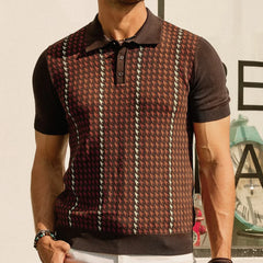 HEARUJOY  -  Summer New Men's Houndstooth Jacquard Short-Sleeved Knitted Polo Shirt Retro Fashion Trend Casual Loose Daily Business Mens Tops