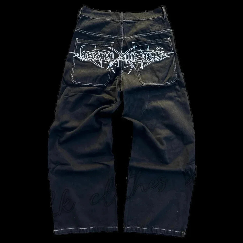Hearujoy Goth Hip Hop Oversized Skull Embroidery Pattern Y2k Baggy Jeans New Men and Women Straight Black Jeans Retro Casual Denim Pants
