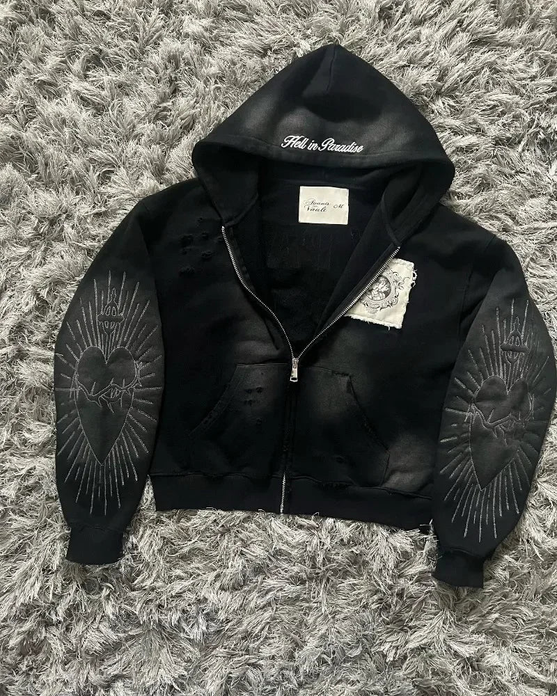 Hearujoy America Harajuku Gothic Zipper Hoodie Y2k Embroidered Spliced Sweater High Street Punk Clothing Loose Retro Top Sweatshirt Women