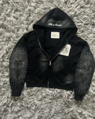 Hearujoy America Harajuku Gothic Zipper Hoodie Y2k Embroidered Spliced Sweater High Street Punk Clothing Loose Retro Top Sweatshirt Women