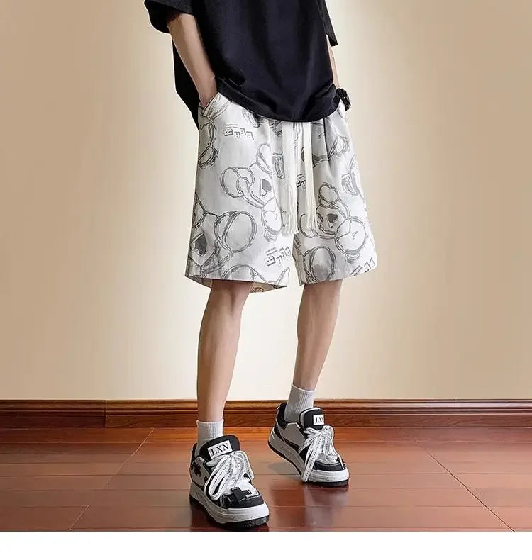HEARUJOY  -  Men's New Spliced print Five-point Loose Drawstring Design Bear Print Shorts