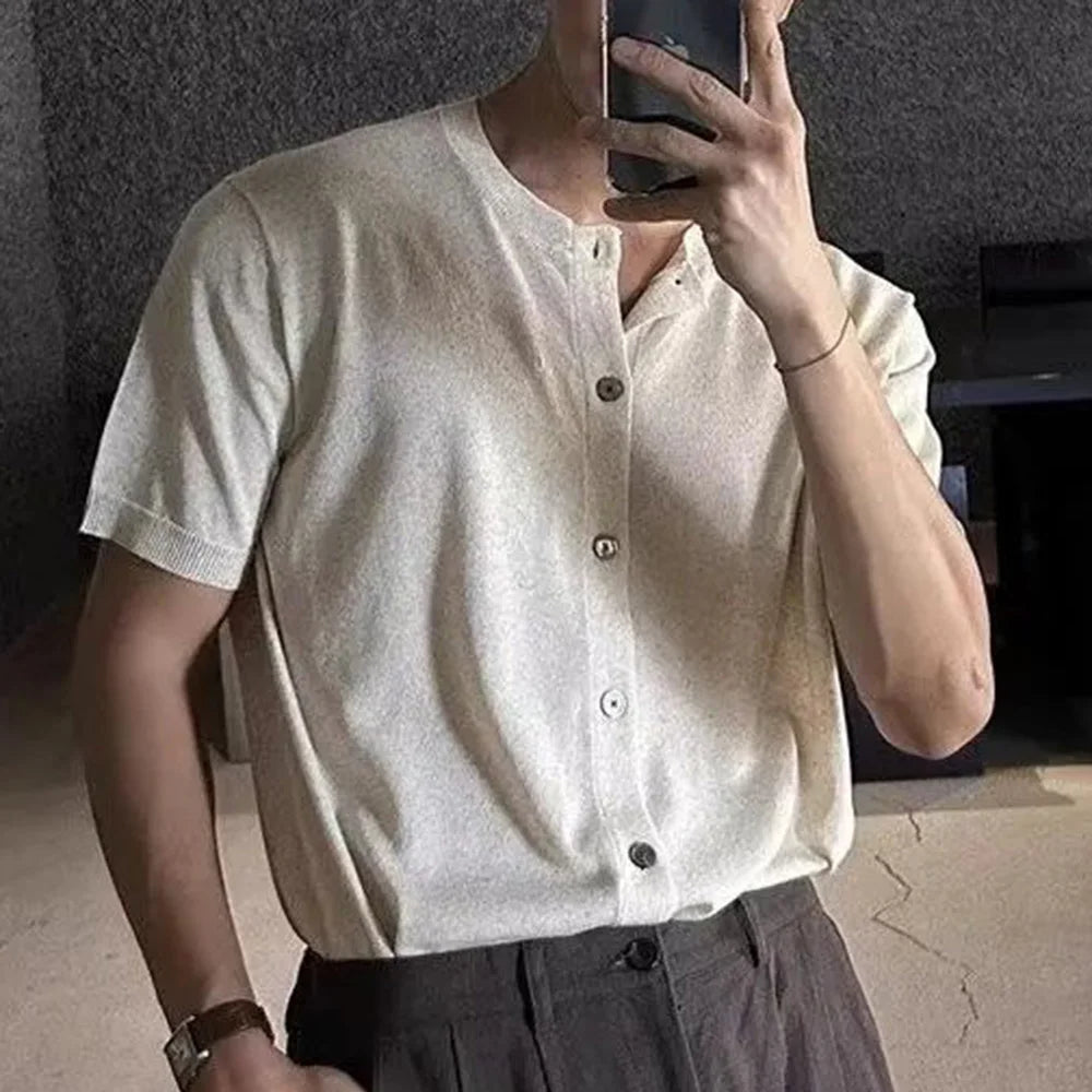 HEARUJOY  -  Mens Shirt Knitted Casual Shirt Summer Daily Solid Color Simple Versatile Soft Comfortable Short-Sleeve Top Men'S Clothing