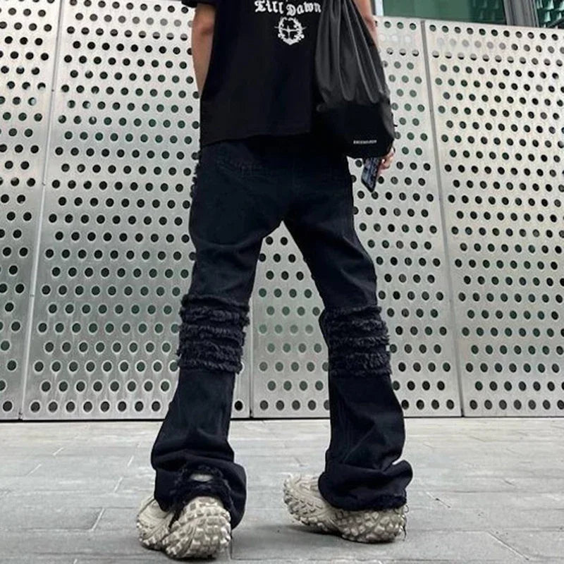 Hearujoy High Street Frayed Tassel Black Flare Jeans Pants for Men Straight Baggy Ropa Hombre Denim Trousers Oversized Distressed Cargos