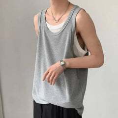 Hearujoy Summer Thin Fake Two Casual Loose Men's Sports Outer Sleeveless Vest American Old Man Fitness Shirt Tops