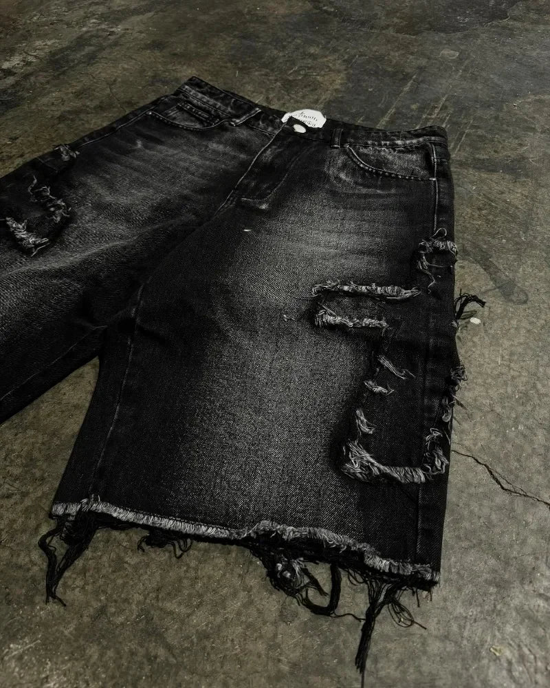 Hearujoy Street washed geometric cross embroidery raw edge high quality baggy denim shorts for womens y2k summer new simple sports pants