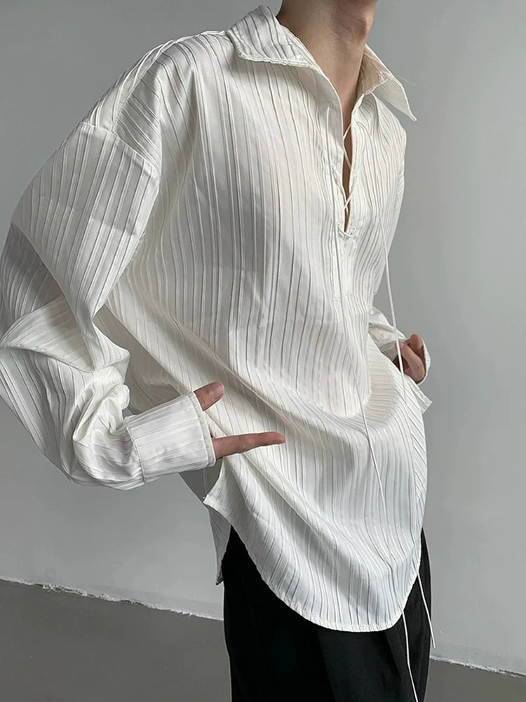HEARUJOY  -  Vintage Drawstring Lace-up Lapel Shirt Mens Spring Autumn Fashion Long Sleeve Ribbed Polo Shirts Casual Textured Pullover Tops