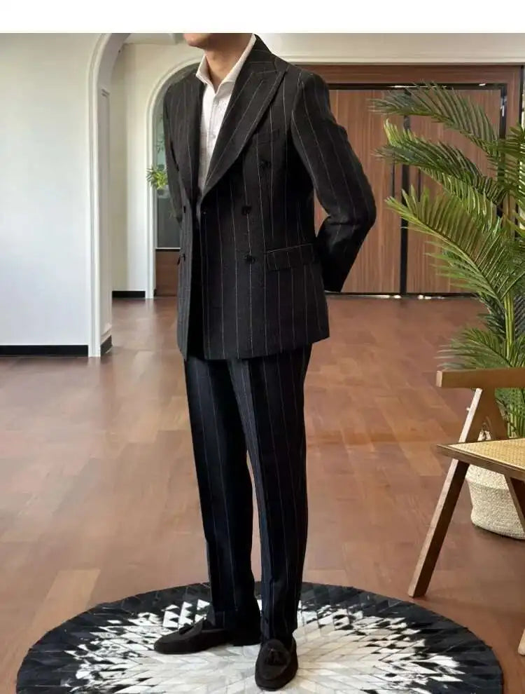 HEARUJOY  -  Men Suit Designers Slim Fit Business Casual Striped Double Breasted Suit Set Trend Traje Novio 2025 Men Tuxedo Suit Grooms Suit