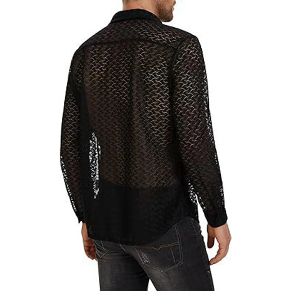 Hearujoy Mens Sexy See-Through Casual Long-Sleeved Shirt Genderless Simple Thin Basic Versatile Loose Solid Color Printed Top Unisex