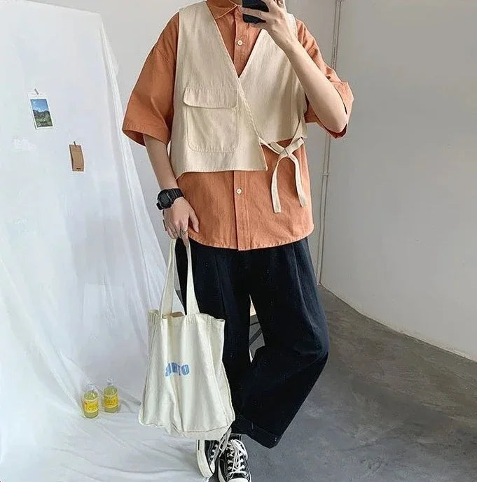 HEARUJOY  -  Man Shirt Half Sleeve with Pocket Shirts for Men Blue Casual Korean Style Vintage Silk Fashion 2025 Cotton Slim Fit Elegant Sale