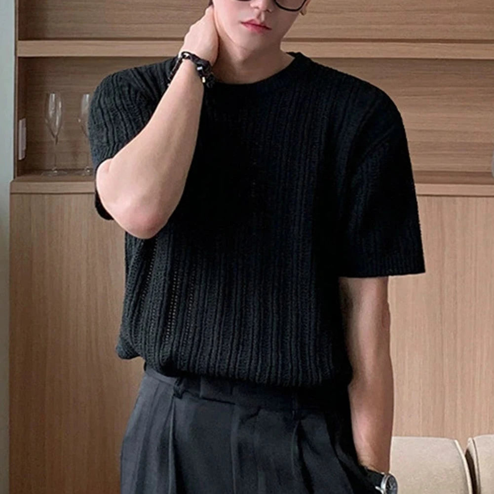 HEARUJOY  -  Fashion Knitted T-shirt For Men Top Tshirt Loose Fit Knitted Top Regular Length Garment Slight Stretch Material
