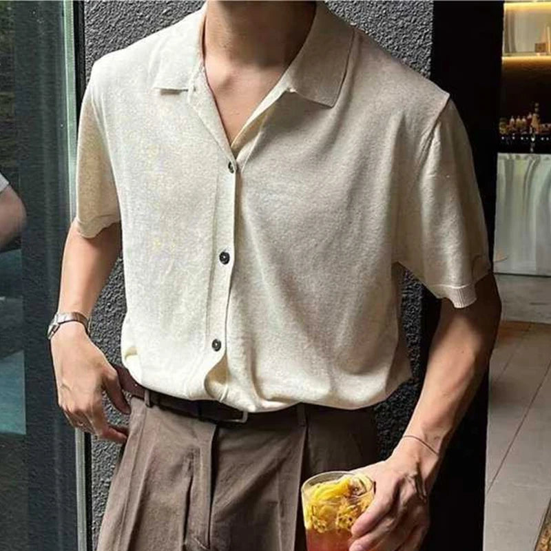 Hearujoy Summer Men's Clothing Luxury Button-down Knit Polo Shirt Korean Popular Lapel Solid Color Short Sleeve Leisure Fashion Knitwear