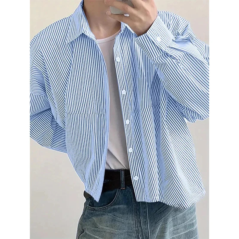 HEARUJOY  -  New Japanese Trendy Men Shirts Light Luxury Textured Lapel Striped Long Sleeve Cardigan Tops Leisure Premium Loose Blouse M-2XL