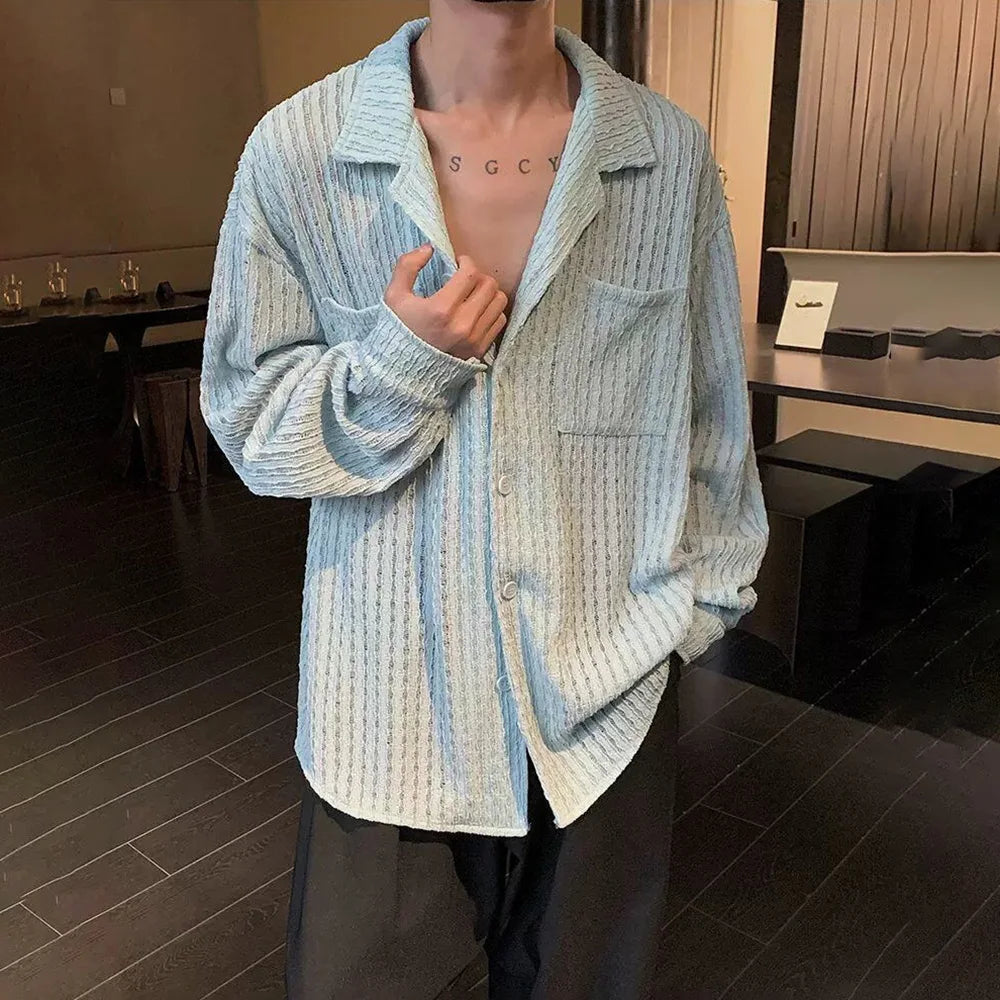 HEARUJOY  -  Mens Shirts Hollow Knitted Casual Shirts Spring Streetwear Fashion Thin Sexy Ballroom Long-Sleeved Tops Men'S Clothing 2025 New