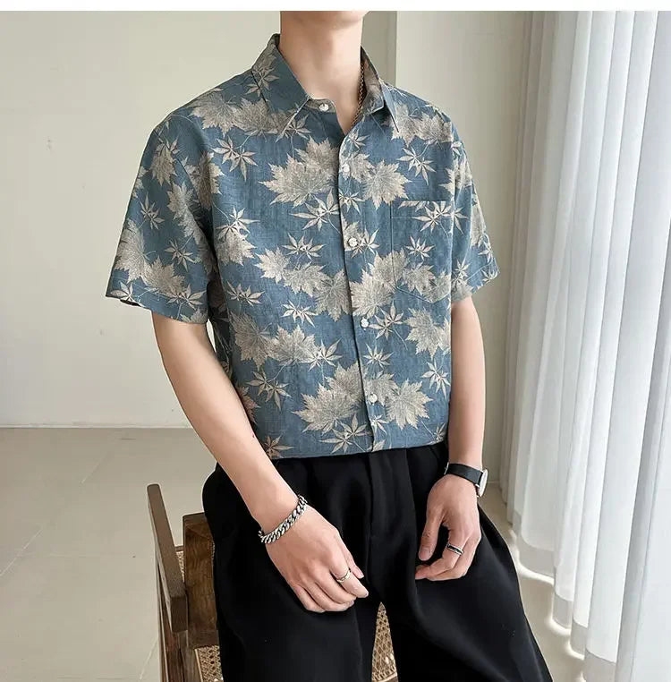HEARUJOY  -  Loose Maple Leaf Flower Shirt Men's Short-sleeved Mature Style Casual Five-point Sleeves