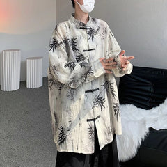 Hearujoy Art Men Chinese Style Hanfu Tops Traditional Ethnic Kung Fu Trendy Shirt Sunscreen Clothing Bamboo Leaf Pan Button Printing Top