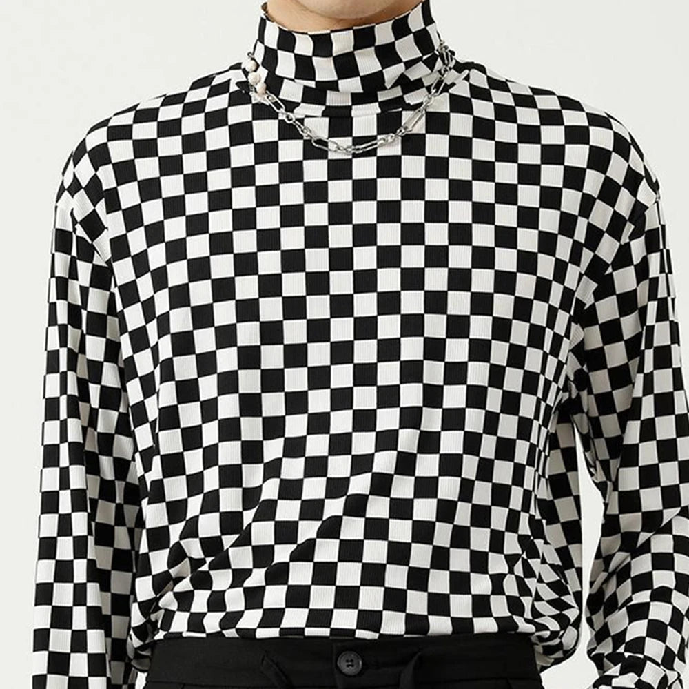 Hearujoy Korean New Turtleneck Top Tee Trend Men Pullover Spring Autumn Checkerboard Long Sleeve Bottoming Shirt Slim Simple Man Clothing