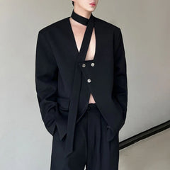 Hearujoy Mens sexy personality hollow suit jacket genderless autumn winter nightclub trend Korean style low-cut all-match jacket unisex