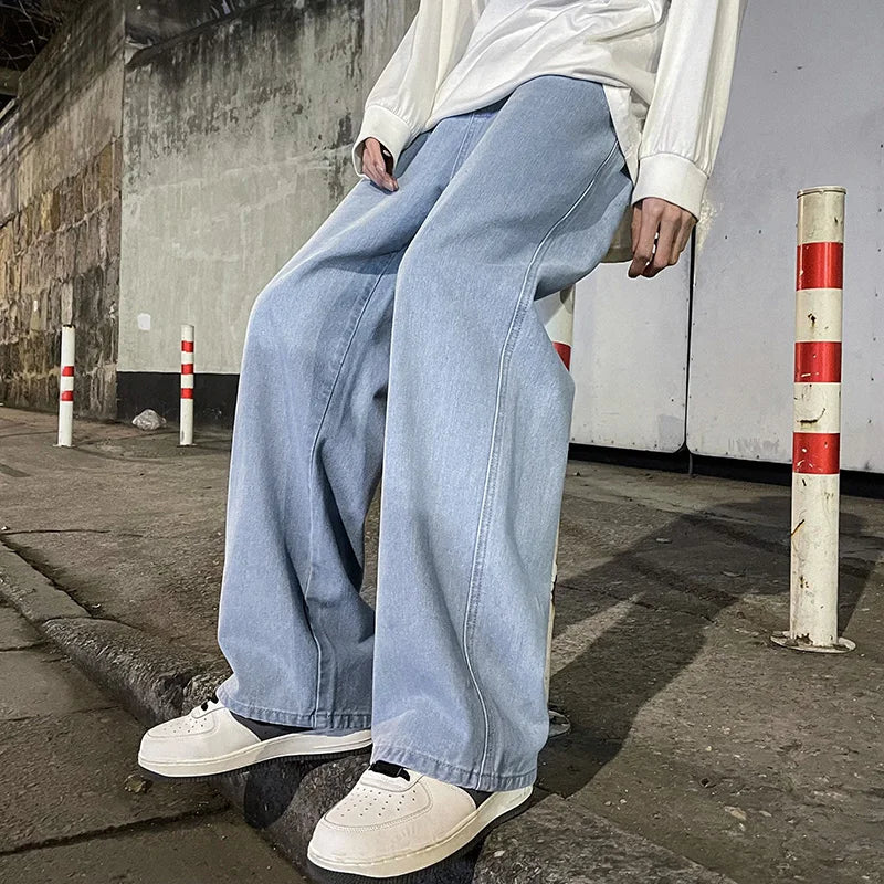 Hearujoy Korean Fashion Men's Baggy Jeans Elastic Waist  Classic olid Color Straight-leg Denim Wide-leg Pants Male Light Blue Grey Black