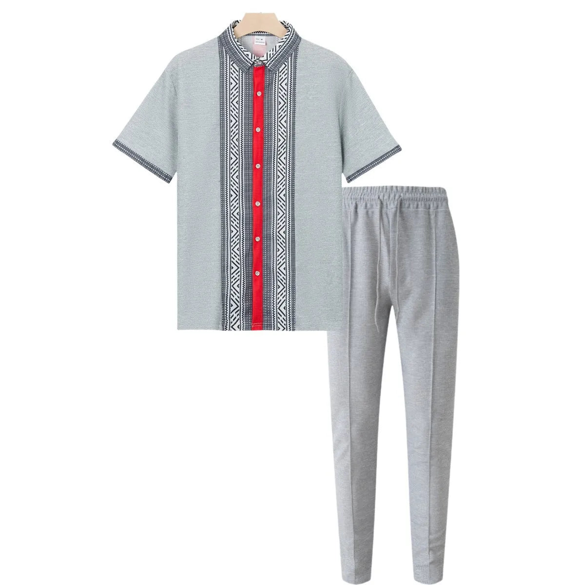HEARUJOY  -  Summer Men Waffle Outfits Color Blocked Lapel Short Sleeve Shirts And drawstring Pants Two Piece Set Fashion Casual Suits