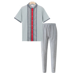 HEARUJOY  -  Summer Men Waffle Outfits Color Blocked Lapel Short Sleeve Shirts And drawstring Pants Two Piece Set Fashion Casual Suits