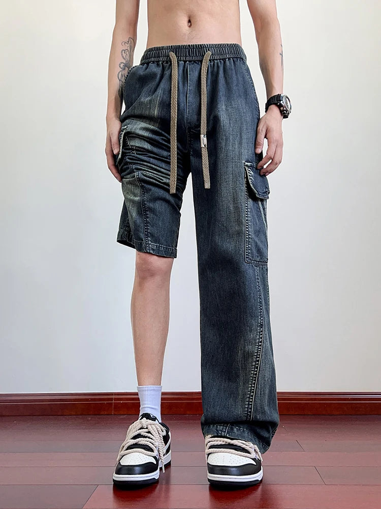 HEARUJOY  -  Summer Men's Jeans Flap Pockets Lightweight Denim Cargo Pants Big Size 8XL 7XL 6XL Wide Leg Baggy Jeans Straight Trousers