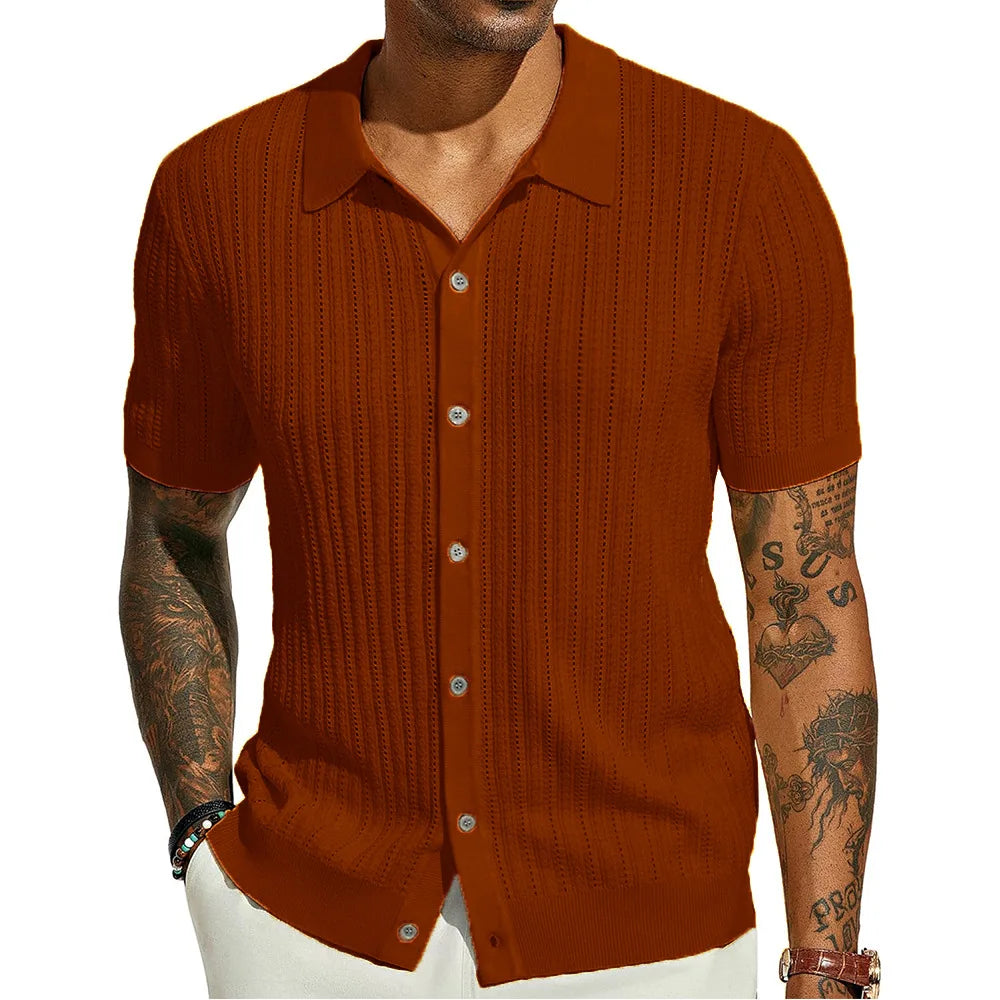 HEARUJOY  -  Men's Casual Top Summer Cool Knit Shirt Short Sleeve Lapel Solid Color Hollow Breathable Top