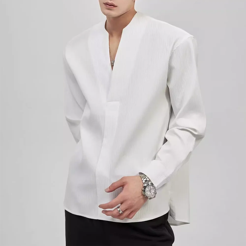 Hearujoy Mens Casual Textured V-Neck Long-Sleeved Shirt Genderless 2024 New Fashion Simple Commuting Style Versatile Comfort Top Unisex