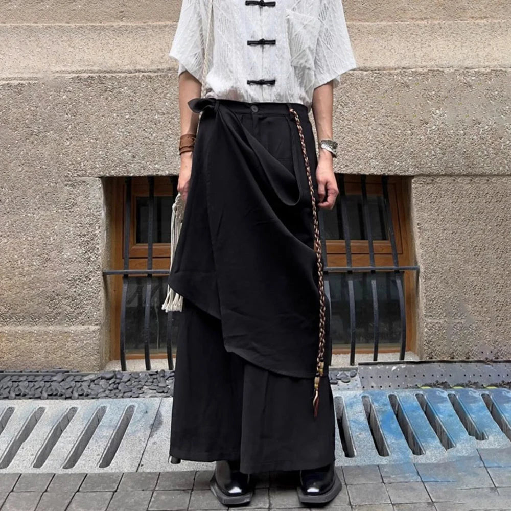 HEARUJOY  -  Men Japanese Double-Layer Irregular Casual Culottes New Genderless Fashion Splicing Solid Color Loose Wide-Leg Pants Unisex