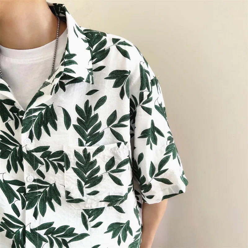 Hearujoy Summer Short Sleeved Shirt Men Fashion White Printed Casual Shirt Men Streetwear Loose Floral Shirts Mens Hawaiian Shirt M-XL