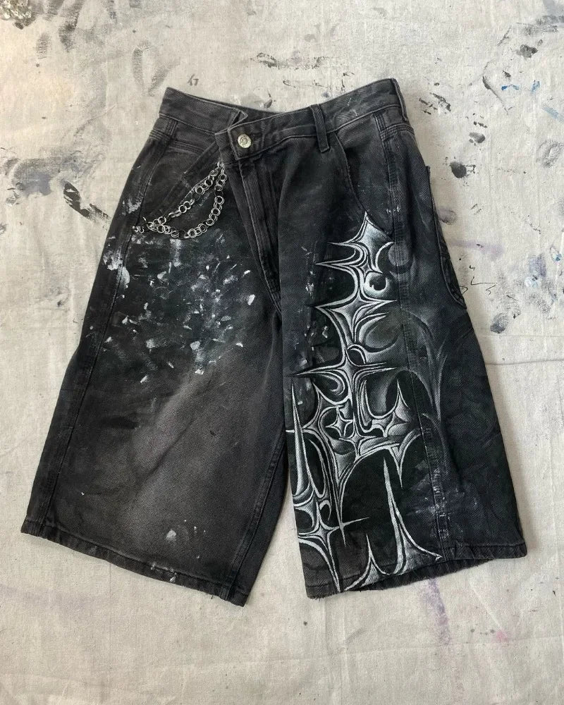 HEARUJOY  -  High Street Fashion Brand High Waist Washed Denim Shorts Women Y2k American Hip Hop Rock Fashion Graffiti Oversized Shorts Men