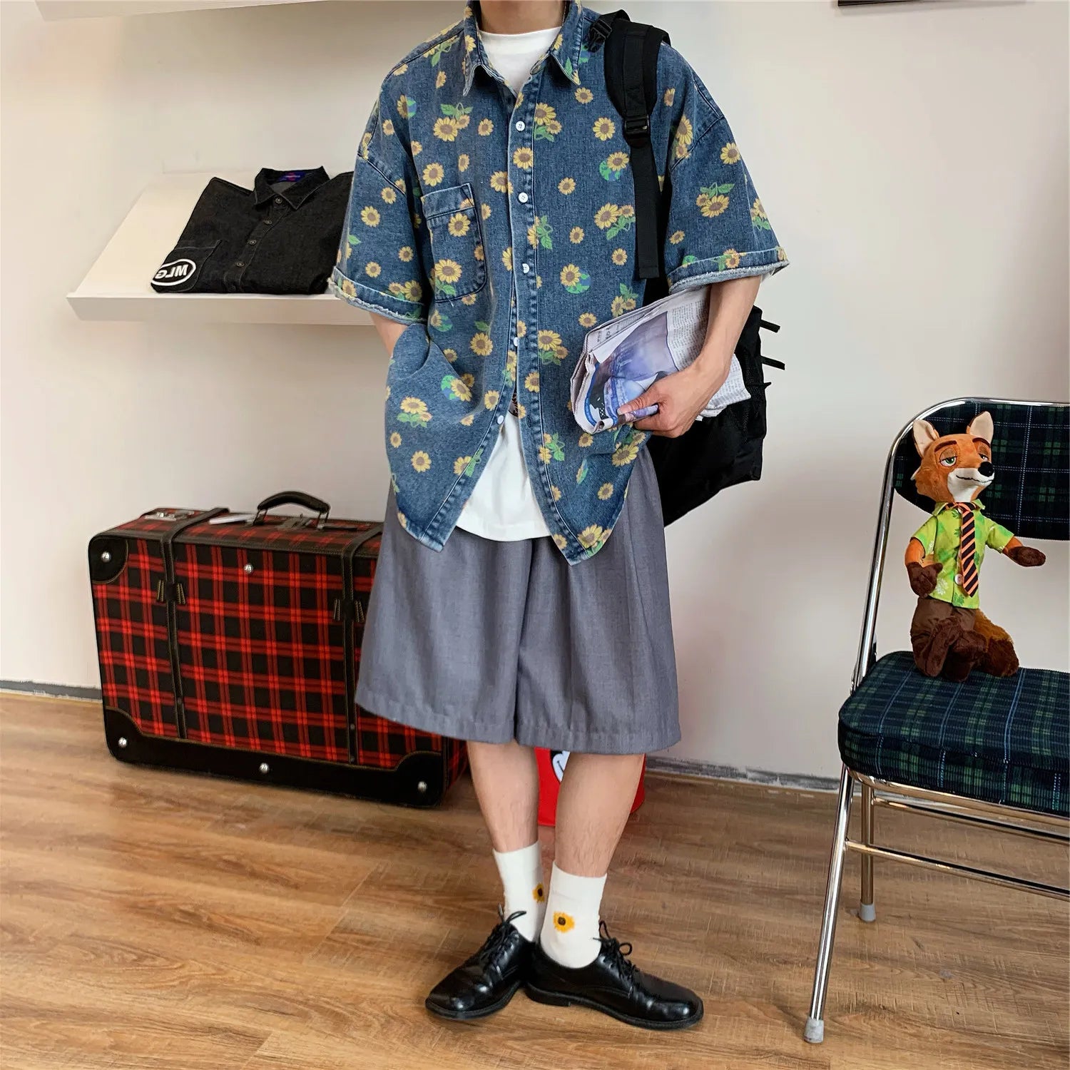 HEARUJOY  -  Summer Men Vintage Denim Shirts Short Sleeve Floral Printed Blouse Casual Loose Male Jean Coats Single-breasted Pocket Tops