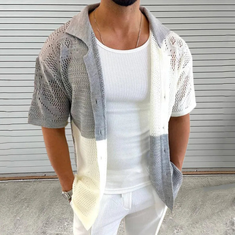 HEARUJOY  -  Color Blocked Hollow Out Knitting Shirts For Men Summer Thin Short Sleeve Button Cardigan Sweater Fashion Casual  Loose Knitwear