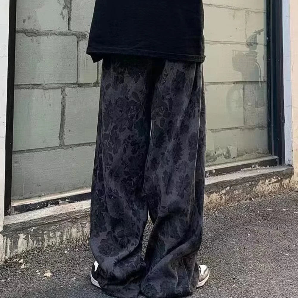 HEARUJOY  -  Men Loose Vintage Casual Jogging Pants Printing Korean Style High Street Trouser Wide Leg Streetwear