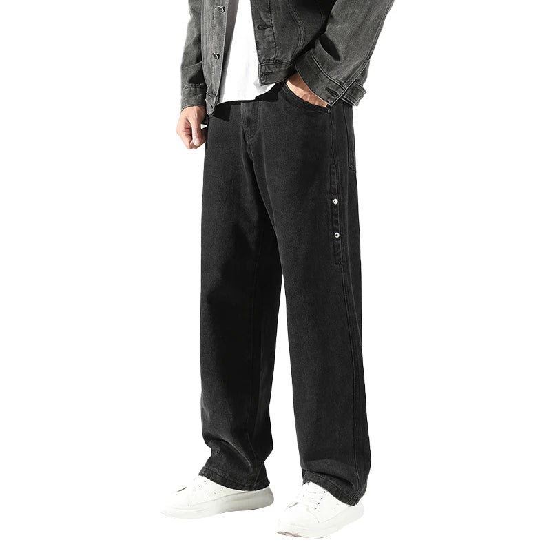 HEARUJOY  -  Men's Regular Straight-Leg Denim Jeans Oversized Black Denim Pants  Korean Streetwear Style Floor-Draping Fit Plus Size 40 Pants