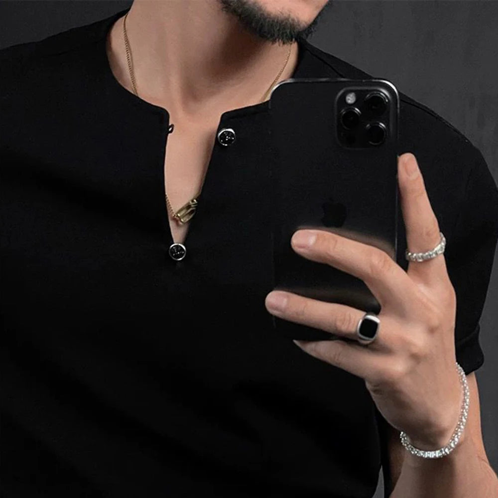 HEARUJOY  -  Men T-Shirt Slim Casual Henley V-Neck Tshirt Streetwear Fashion Youth Campus Breathable Short-Sleeve Top Men'S Clothing 2025 New