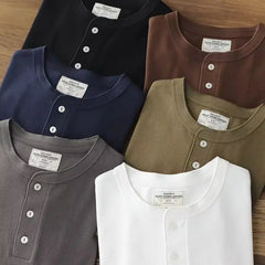 Hearujoy Men's  T-shirt Autumn Winter New Casual Henley Shirt Retro Simple Solid Color Buttons Daily Long-sleeved Bottoming Tops Tees