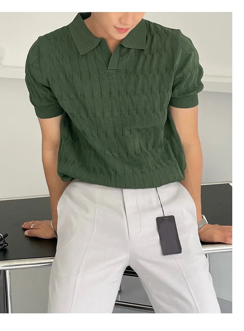 HEARUJOY  -  Summer Clothing Men's Light Luxury Knitted Jacquard Polo Shirt V-Neck Solid Color Short-sleeved Korean Popular Leisure Knitwear