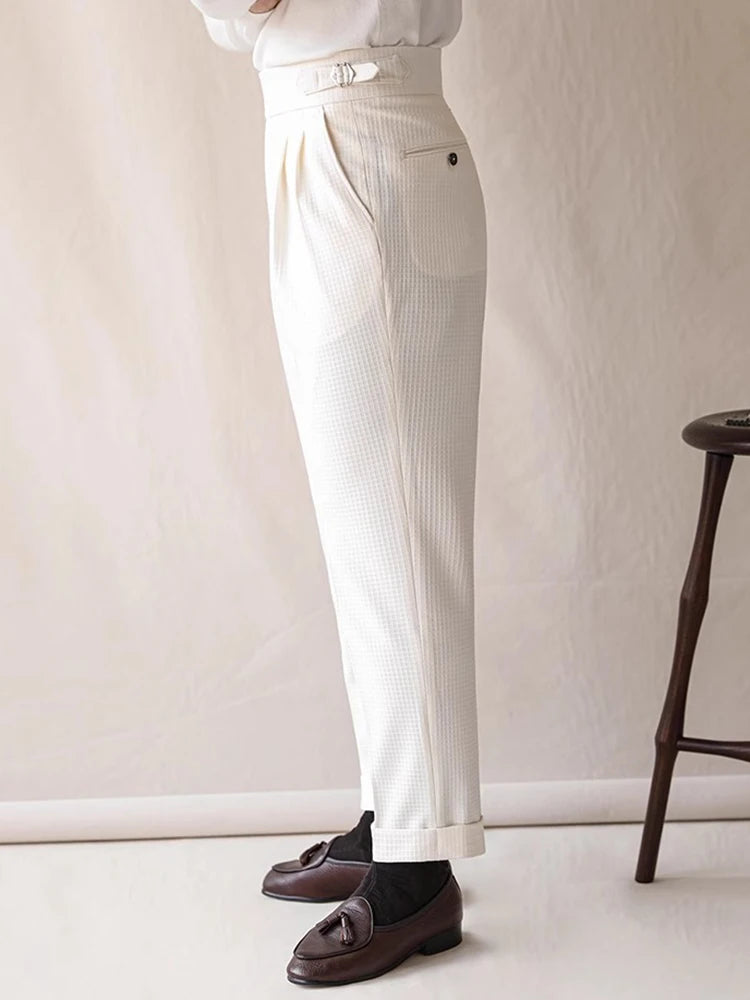 HEARUJOY  -  Naples Style High Waist Pants Mens Stylish Waffle Textured Slim Straight Trousers Men Autumn Casual Button Lace-up Suit Trousers