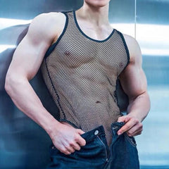 Hearujoy 2024 Mens Sexy Men's Bodysuit Hollow Mesh Body Sculpting Underwear Macho See-through High Fork Triangle Sleeveless Jumpsuit Vest