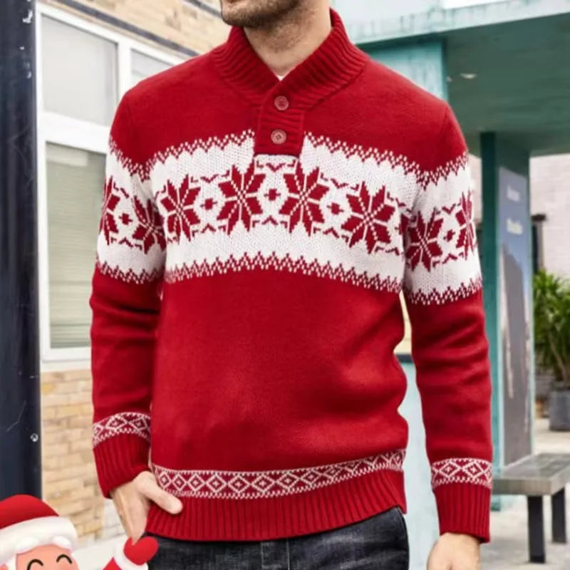 HEARUJOY  -  Autumn Winter New Men Jacquard Sweater Polo Shirts Coat Christmas Snowflake Printed Tees Tops Knitted Stand Collar Clothing
