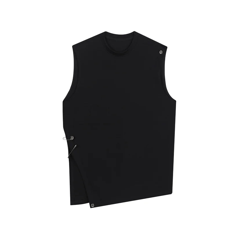 Hearujoy Korean Streetwear Fashion Summer Vest Personalized Asymmetric Design Round Neck Men's Top Versatile Solid Color Sleeveless