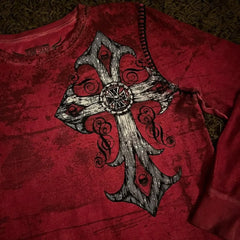 Hearujoy Y2K New Affect Long Sleeve T-shirt with Retro Cross Pattern Printed Red T-shirt for Men Women Hip Hop Gothic Punk Loose Red Top