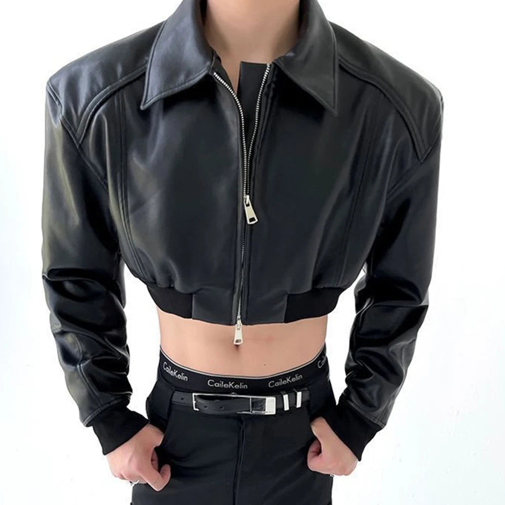 Hearujoy Autumn Product Design Sense Lgbt Sexy Navel Exposed Fashion High Street High Waist Double Zipper Wide Shoulder Leather Jacket