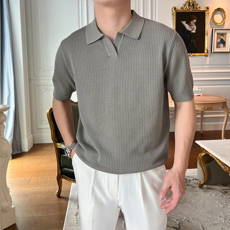 HEARUJOY  -  New Fashion Business Tops Men's Polo Shirt Light Luxury Leisure Knitted V Neck T-shirts for Man Korean Popular Short Sleeve Tees