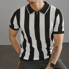 HEARUJOY  -  Men's Half-Zip Striped Knitted Short-Sleeved Polo Shirt American Retro Fashion Trend Casual Simple Loose Breathable Men's Tops