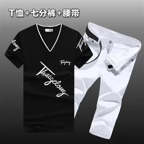 HEARUJOY  -  Summer Men Set Cotton T-Shirts Denim shorts New Tide Cowboy Shorts two Piece suits  Handsome Men's Sets