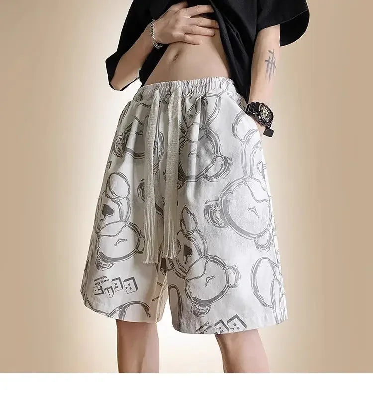 HEARUJOY  -  Men's New Spliced print Five-point Loose Drawstring Design Bear Print Shorts