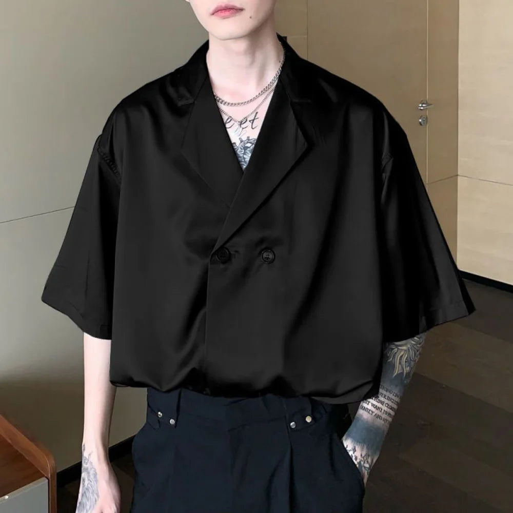 Hearujoy Niche Cuban Collar Short Sleeve Shirt Men Summer Thin Design Ice Silk Drape Shirts Korean Fashion Satin Blouse Unisex Streetwear